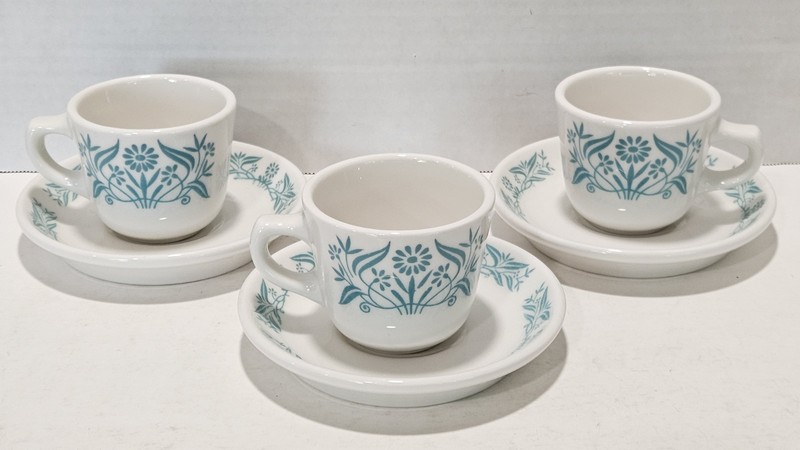 3 Vtg. Homer Laughlin Best China Restaurant Ware Turquoise Flower Cup/Saucers
