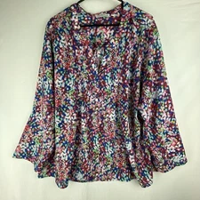 Notations Blouse Women's 3X Split Button Neck Pleated Roll Tab Sleeve Peasant