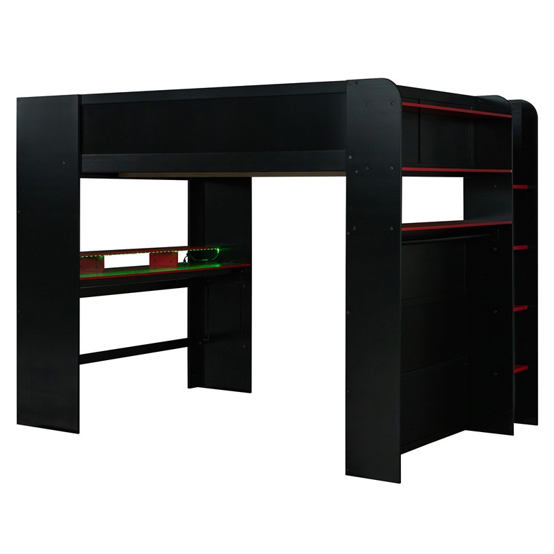 Full Size Wood Gaming Loft Bed w/Height-Adjustable Desk,Open Wardrobe ...