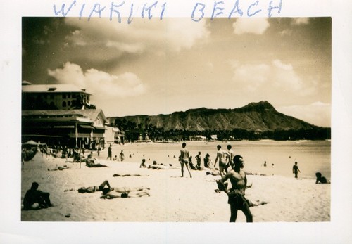 1940's WWII Moana Hotel, beach, servicemen Waikiki Diamond Head Hawaii Photo