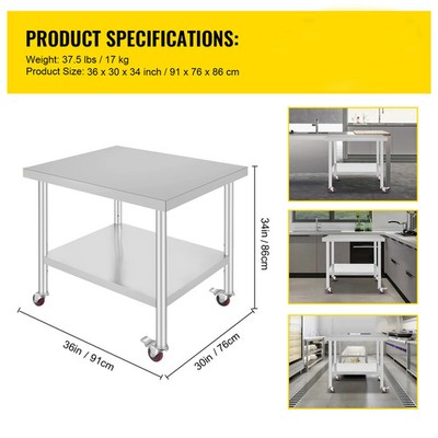 SucceBuy Stainless Steel Kitchen Worktable shelves Commercial Work Bench Table