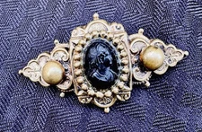 Victorian Revival Cameo Brooch Pin French Jet High Relief