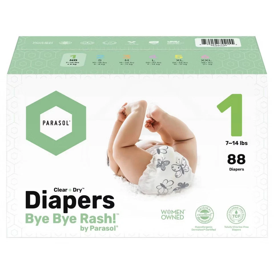 Parasol Clear+Dry Natural Disposable Diapers Size 1, 88ct RashShield Dual Core