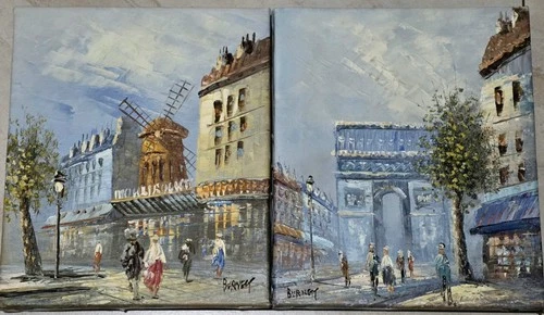 Vintage Two Parisian Street Scene Painting by Carol Burnett Unframed 10x8"