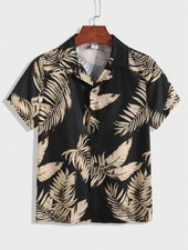 Boys  Hawaiian Shirt Size 12 Black Khaki Plant/Leaf Print Vacation Shirt Travel