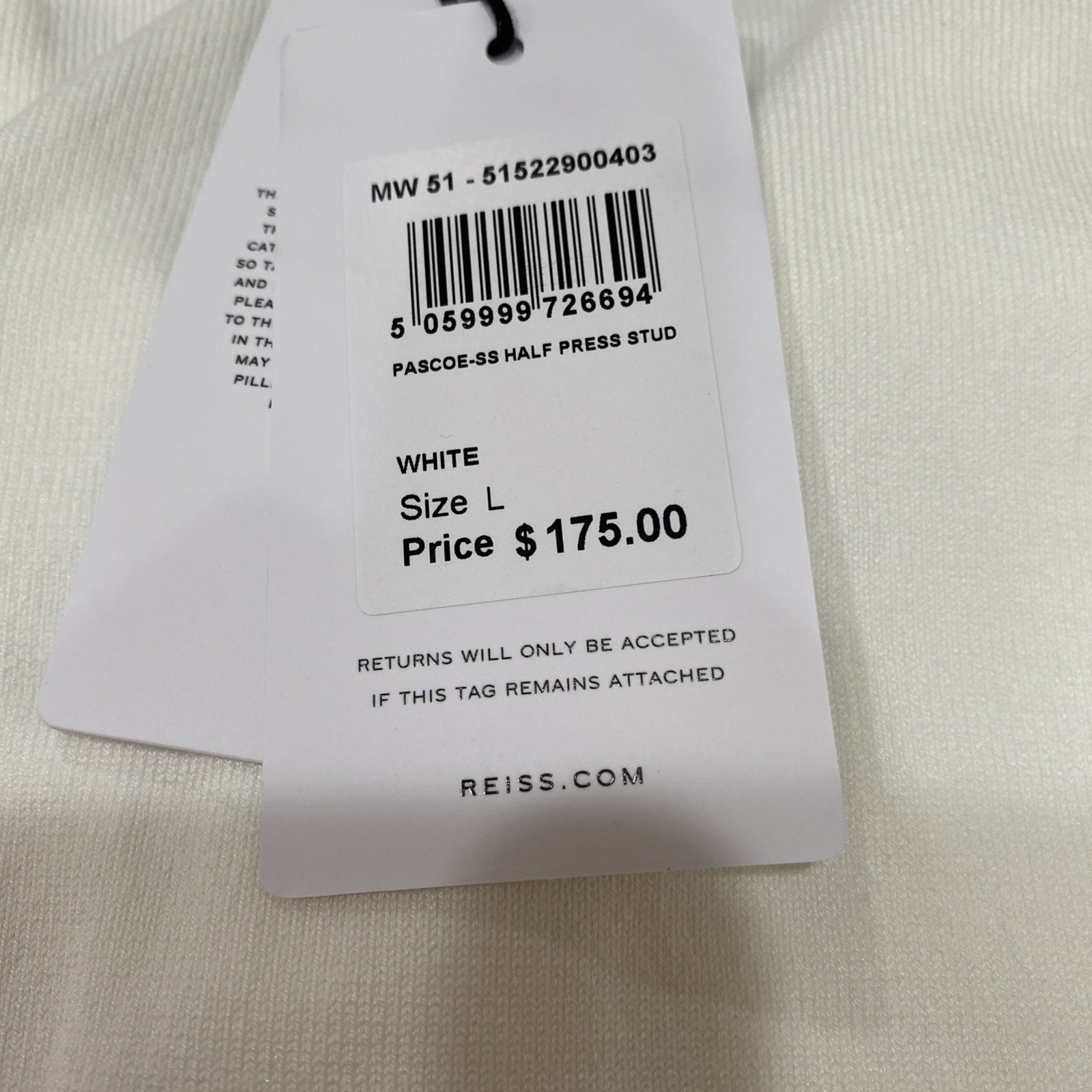 Reiss Pascoe Regular Fit Half Snap Polo Shirt Size L Color White image 3