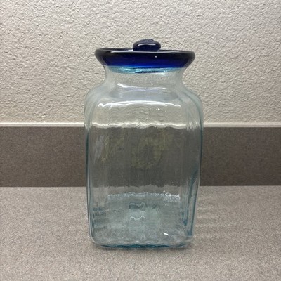 Hand Blown Art Glass Canister Jar Container Jar w/ LID Light Blue Cobalt Glass