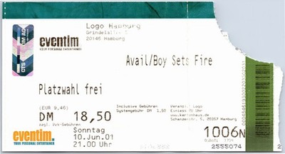 Avail + Boy Sets Fire Ticket 2001 Tour - Hamburg Logo - Konzert Karte