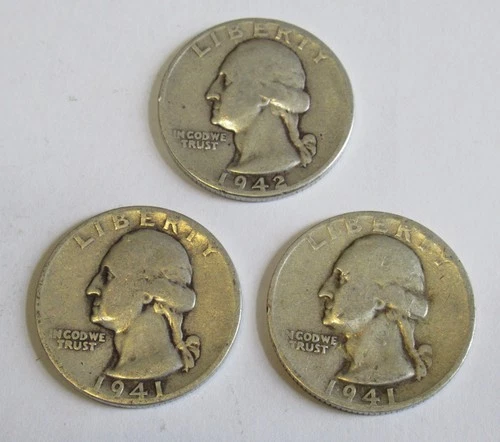 Lot of 3 Washington Silver Quarter 1941, 1941S & 1942
