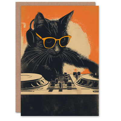 Geburtstagskarte DJ Decks Sonnenbrille schwarze Katze Liebhaber für Ihn Mann Grußkarte