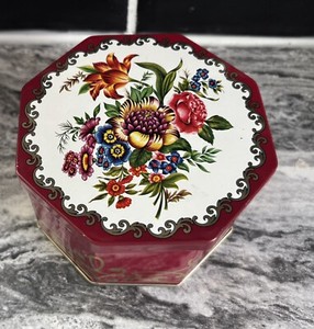 Vintage Red Floral Metal Biscuit Cookie Tin 8 Sided Octagonal