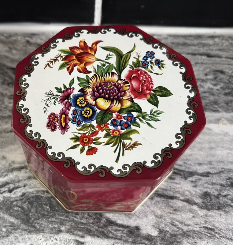 Vintage Red Floral Metal Biscuit Cookie Tin 8 Sided Octagonal