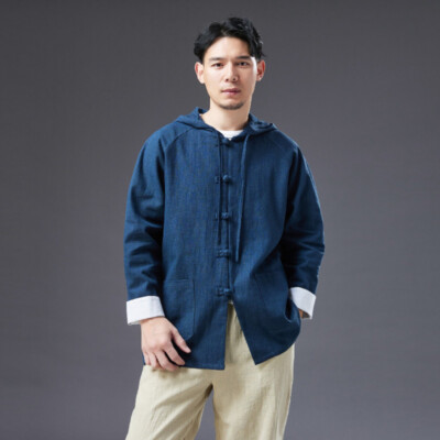 Ramie Herren Tops Shirt Jacke Mantel Cardigan Kapuze Chinesisch Retro Ethno Freizeit