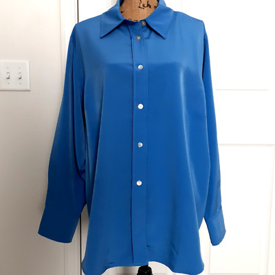 Susan Graver Style Shirt Womens 2X Cornflower Blue Button Up Tunic Career Blouse