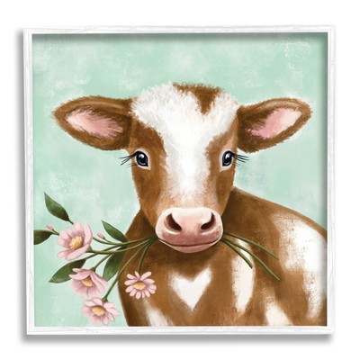 Baby Brown Cow Soft Eyes Pink Daisy Florals Wall Art, 17 x 17, White Framed