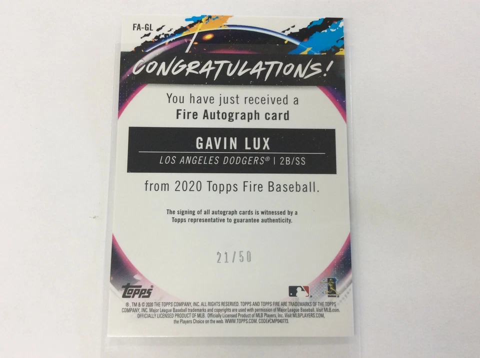 2020 Topps Fire Baseball Gavin Lux Fire Autograph Card #21/50 Signed FA-GL - Image 3 of 4