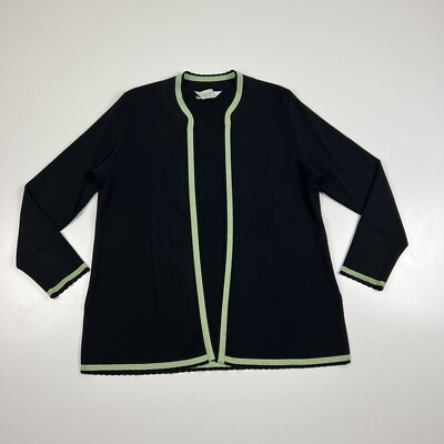 Exclusively Misook Women's Size Large Black Green Trim Acrylic Open Cardigan