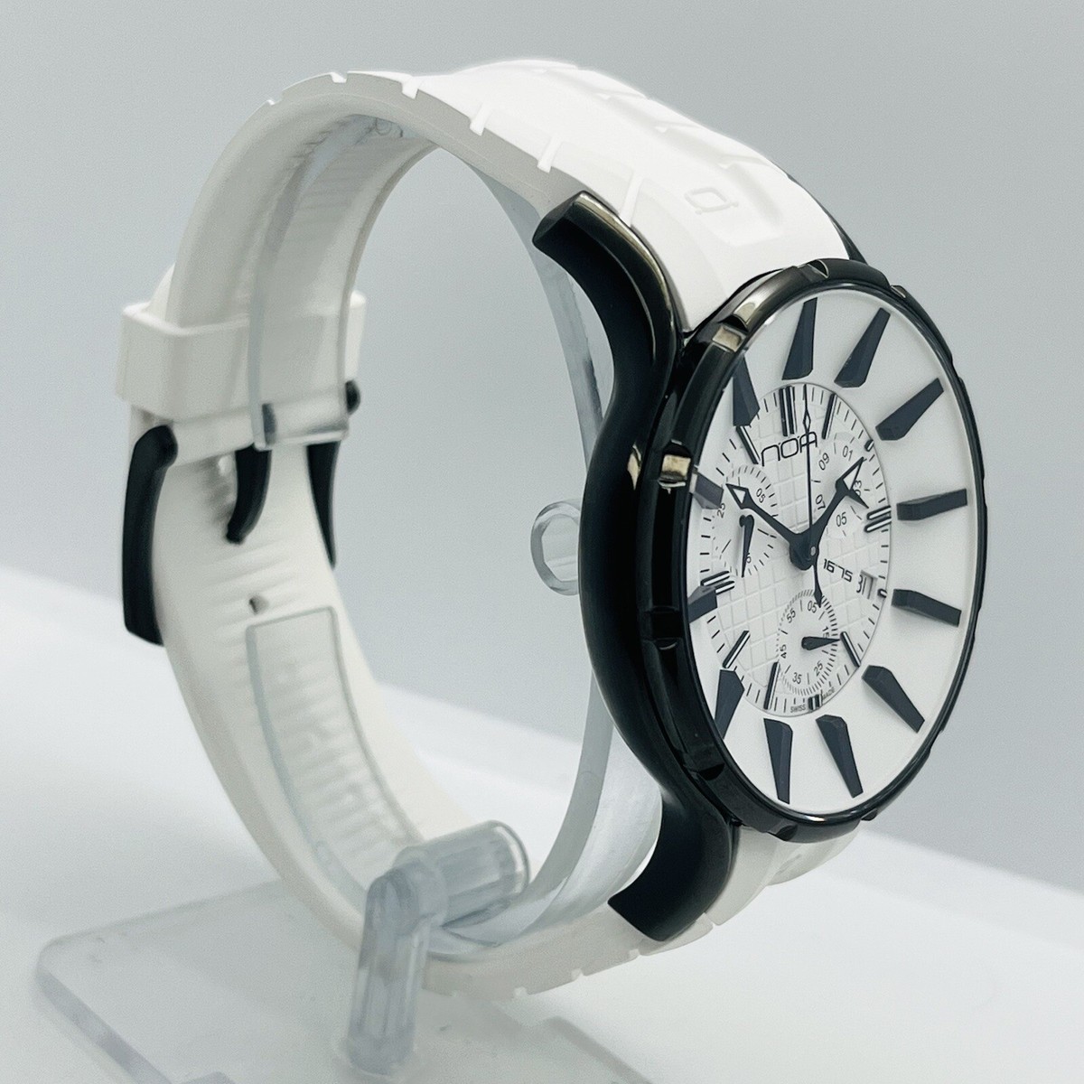 NOA Men's Quartz Chronograph White Dial Black Steel 45mm Swiss