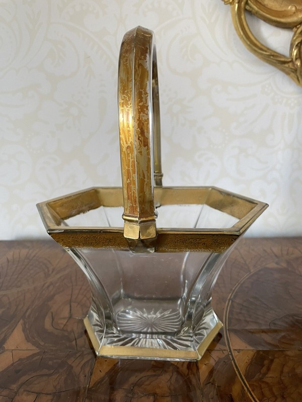 ❗️SALE❗️RARE HEISEY (MARKED) GLASS BASKET GOLD DETAILS HEXAGON W/ HANDLE  MINT