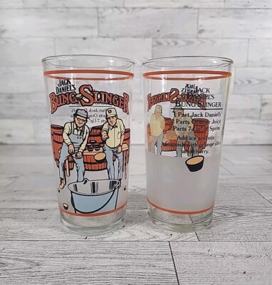 JACK DANIELS Bung Slinger Recipe Drinking Glasses Vintage 8oz Man Cave Bar Set