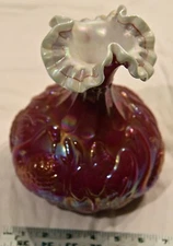 8 13/16" tall #9 Fenton Ruby Red Iridescent White Topped Vase with Swans