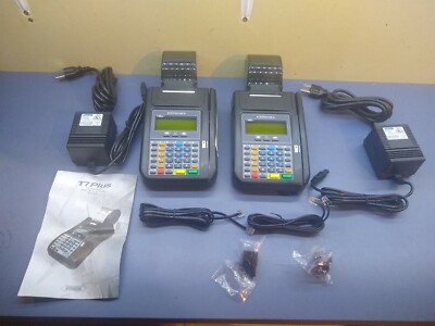 Lot of 2 HyperCom T Series T7PLUS Credit Card Machine Terminals & Power Supplies
