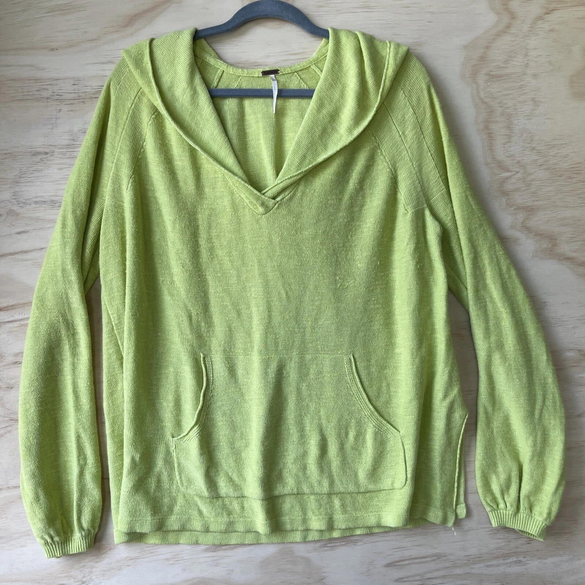 FREE PEOPLE Hoodie Neon Lime Green Woven Linen Knit Sweater
