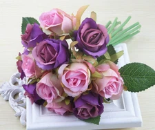 US 12 Heads Silk Rose Floral Flowers Bridal Wedding Bouquet Home Party Decor