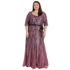 R M Richards Women's Plus Elegant Sequin Sweetheart 3/4 Sleeve Gown, Rose, 20W