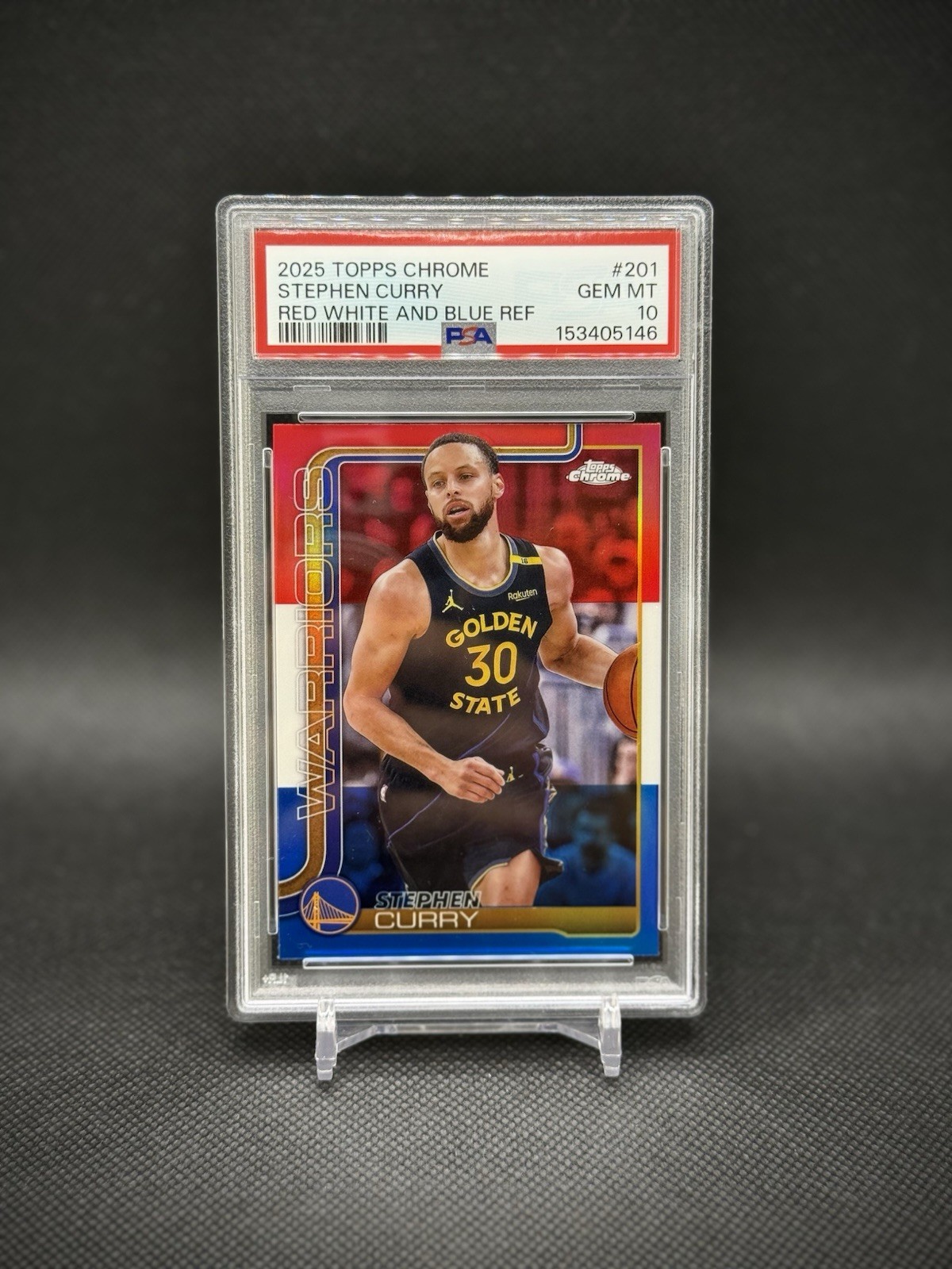 Stephen Curry 2025 Topps Chrome Red White and Blue Refractor PSA 10 Gem Mint