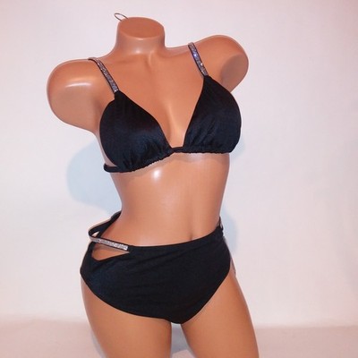 Victoria Secret Swim Bikini Top & Bottom Medium Black Shine Strap Solid Triangle