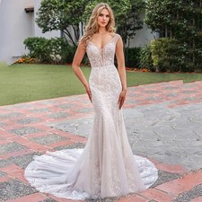 Lace Mermaid Wedding Dress V Neck Sleeveless Beading Appliques Woman Bridal Gown