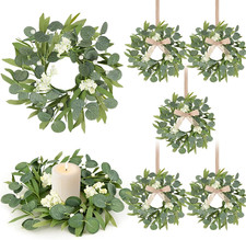 6 Pcs Green Artificial Eucalyptus Swag Wreaths Spring Summer Candle Rings Wreath