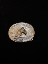 Youth Size Gold/Silver Tone Horse Head Oval Western Belt Buckle