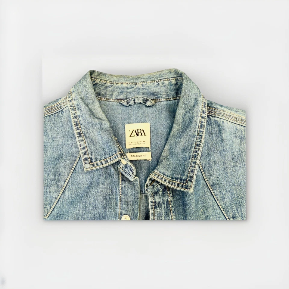 Zara Men's S Relaxed Fit Chambray Denim Western Snap Button Shirt M Long Sleeves - Image 2 of 2