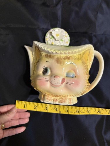 😽VTG RARE Enesco Miss Priss Winking Kitty Yellow Daisy Teekanne Japan LESEN - Bild 9 von 10