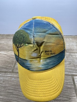 Bocas del Toro Panama Hand Painted Trucker Hat Yellow Mesh Cap Beach Sunset 