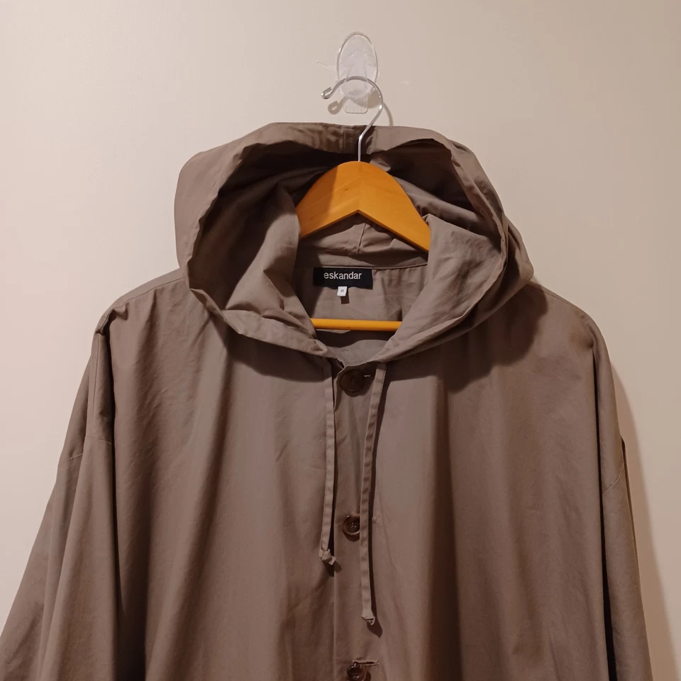 Eskandar Jacket Khaki Green Hooded  Long Dramatic Cotton Poncho Rain Coat Sz 0/S - Image 2 of 4
