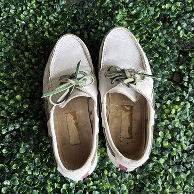 Vintage 80s Gucci Men's White Leather Boat Shoes Italian Flag Web