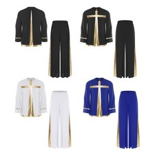 Men Worship Praise Dance Costume Dancewear Pullover Tunic Shirt Wide-Leg Pants