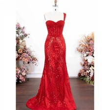 Red Sequin Floral Evening Dress One Shoulder Long Train Mermaid Party Prom Dress