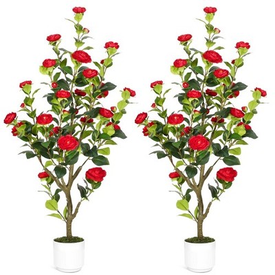 4FT Artificial Camellia Tree with Red Flowers, Faux Hydrangea Tree in Pot for...