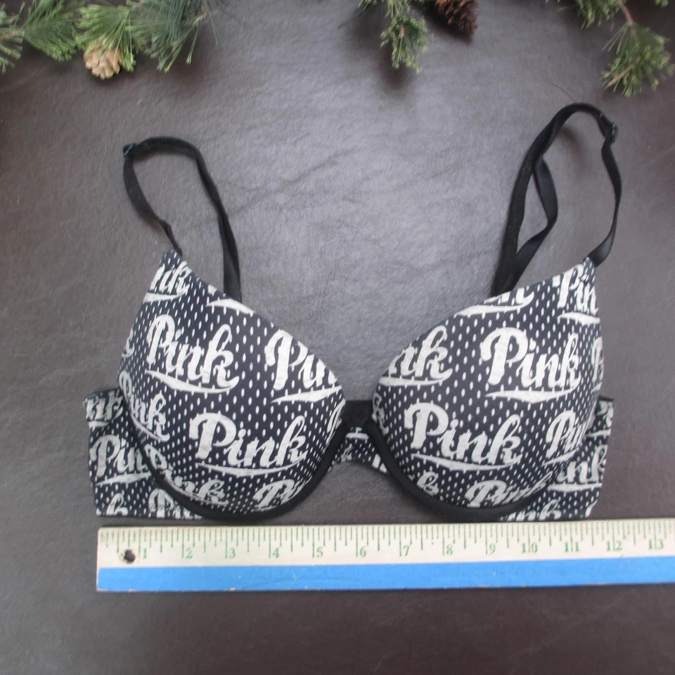 Sujetador Victoria's Secret ROSA Mujer 34B Negro Blanco Logo Lunares Con Aros Foto 2 de 4