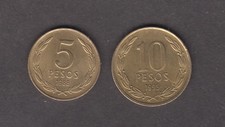 Chile 1988, 1995. 5 & 10 Pesos. Liberty. Bernardo O Higgins. KM# 217.2, 228.2