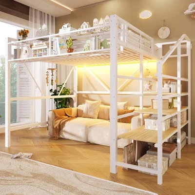 Hochbett, 140 x 200 cm, Metallbett, Stufen-Ablageregal, Gitterelemente mit LED - Bild 1 von 4