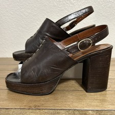 Vintage Espresso Leather Platform Heels Wooden Chunky Slingback Sandals Size6B