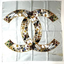 Chanel Silk Scarf 87cm Blue Logo Large COCO mark 87cm