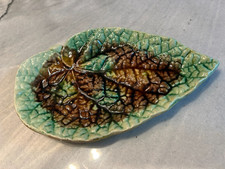 Antique Majolica Begonia Leaf Dish Green Brow...