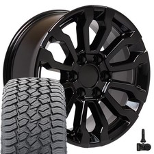 18x8.5 Black 5909 Wheels 27565r18 At2 Tires Tpms Set Fits Sierra Yukon