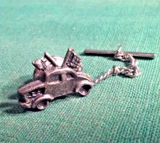 Vintage Racing Car Tie-Tack Pin Silver-Tone Metal w/ T-Bar Chain Clasp
